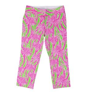 Lilly Pulitzer Palm Tree Pink Green Capri Crop Pants Womens 2 Cotton Stretch